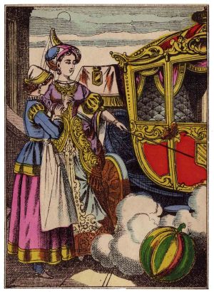 Image d'Épinal de la fée marraine de Cendrillon changeant une citrouille en carrosse grâce à sa baguette.